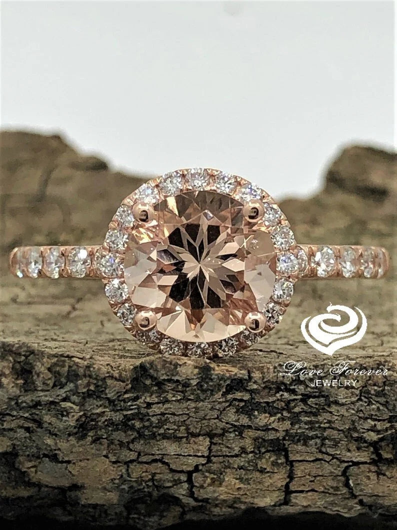 14k Rose Gold Engagement Ring Morganite Ring Diamond Ring 8mm/1.62 Carats Round Cut Morganite Halo Diamond Wedding Ring Anniversary Ring