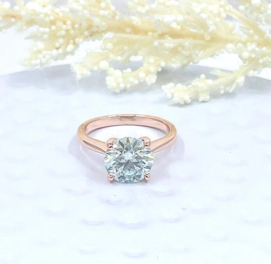 Round Cut Engagement Ring 14k Rose Gold, 1.25 CT, 2 CT or 3 CT Aqua Blue Moissanite Engagement Ring, Round Moissanite Anniversary Ring