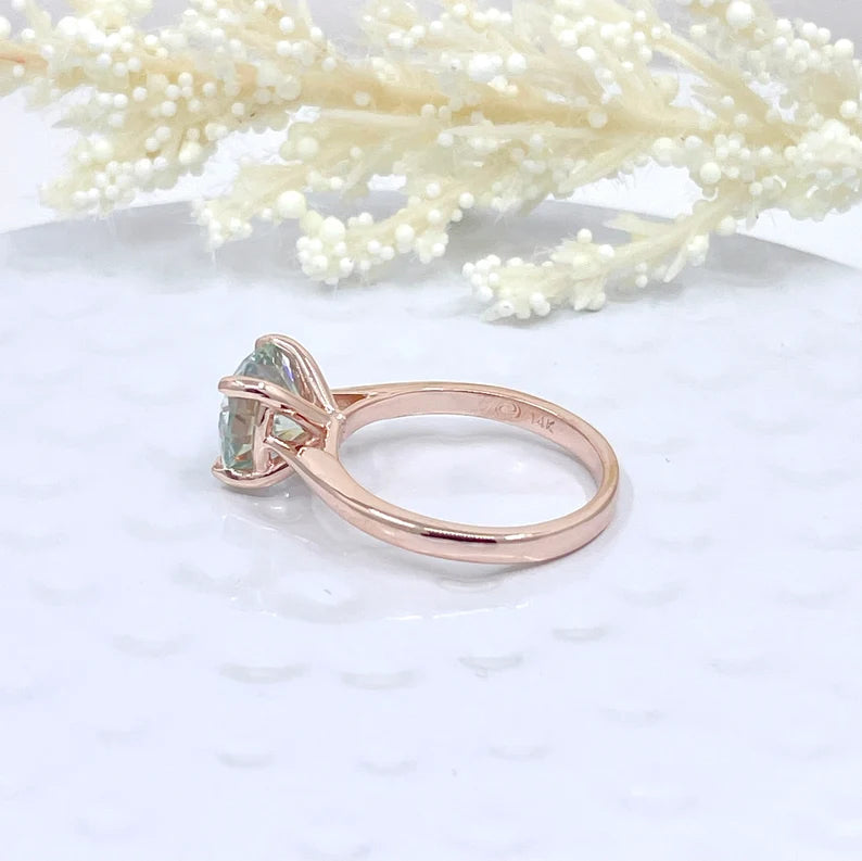 Round Cut Engagement Ring 14k Rose Gold, 1.25 CT, 2 CT or 3 CT Aqua Blue Moissanite Engagement Ring, Round Moissanite Anniversary Ring