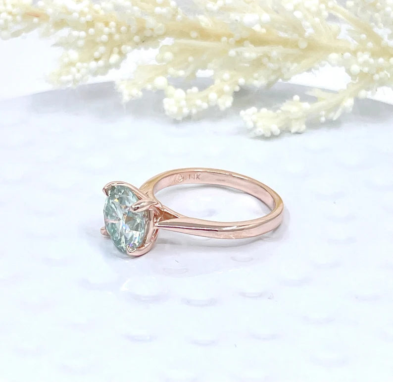 Round Cut Engagement Ring 14k Rose Gold, 1.25 CT, 2 CT or 3 CT Aqua Blue Moissanite Engagement Ring, Round Moissanite Anniversary Ring