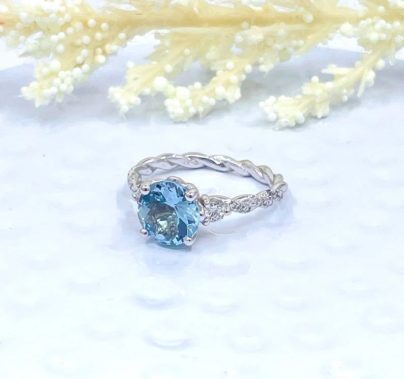 14k White Gold Diamond Ring Engagement Ring 8mm/1.85 Carats Round Cut Dark Blue Aquamarine Diamond Anniversary Ring