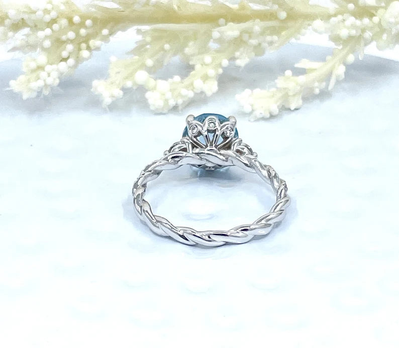 14k White Gold Diamond Ring Engagement Ring 8mm/1.85 Carats Round Cut Dark Blue Aquamarine Diamond Anniversary Ring