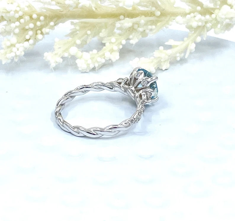 14k White Gold Diamond Ring Engagement Ring 8mm/1.85 Carats Round Cut Dark Blue Aquamarine Diamond Anniversary Ring