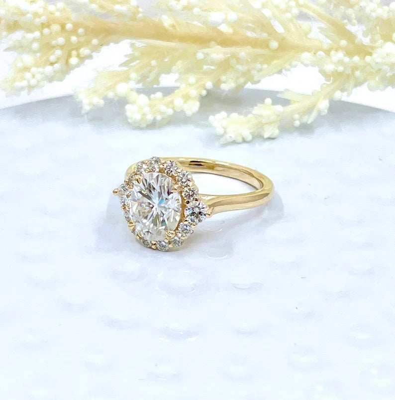 Engagement Ring 14k Gold Yellow, Diamond Halo Wedding Ring, 2 CT Forever One Oval Cut Moissanite Ring, Diamond Anniversary ring