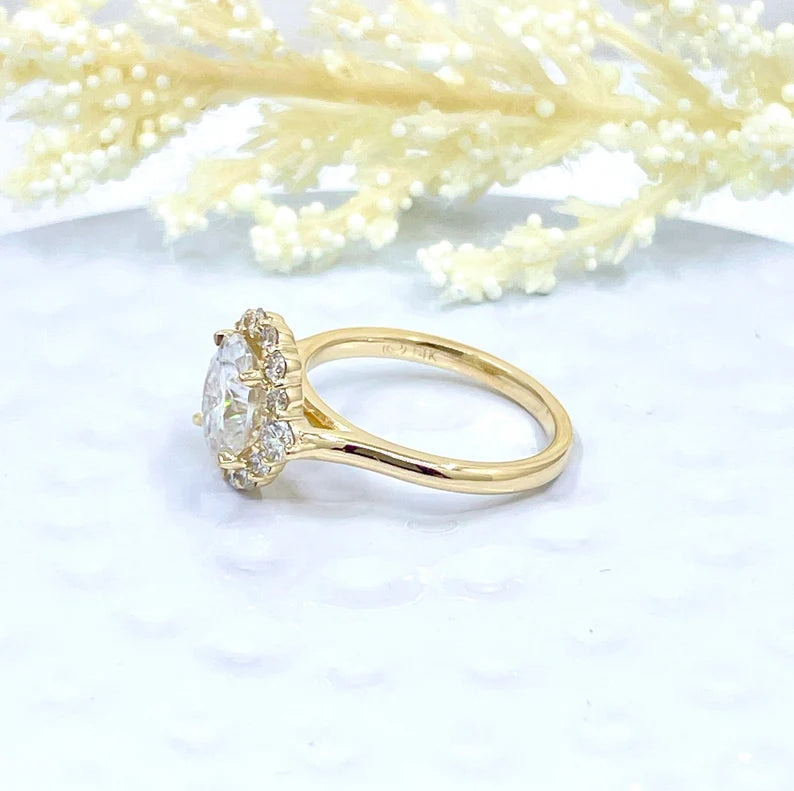 Engagement Ring 14k Gold Yellow, Diamond Halo Wedding Ring, 2 CT Forever One Oval Cut Moissanite Ring, Diamond Anniversary ring