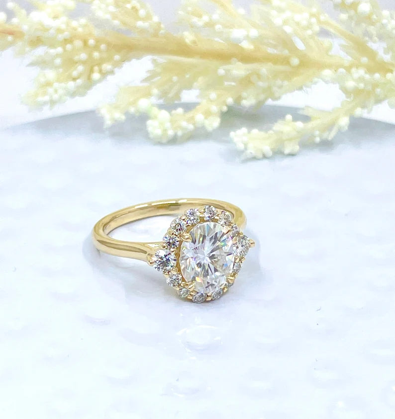 Engagement Ring 14k Gold Yellow, Diamond Halo Wedding Ring, 2 CT Forever One Oval Cut Moissanite Ring, Diamond Anniversary ring