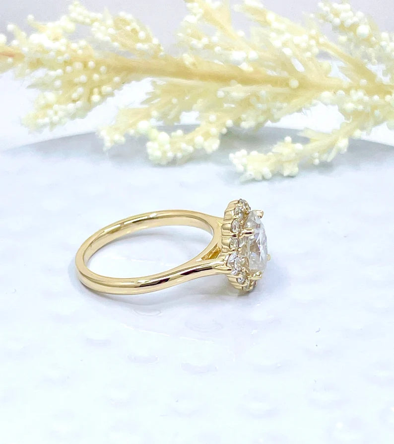 Engagement Ring 14k Gold Yellow, Diamond Halo Wedding Ring, 2 CT Forever One Oval Cut Moissanite Ring, Diamond Anniversary ring