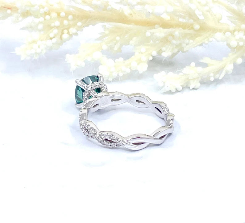 Cushion Cut Green Moissanite Engagement Ring, Hidden Halo Diamond Engagement Ring, 14k White Gold Diamond Ring, Anniversary Ring