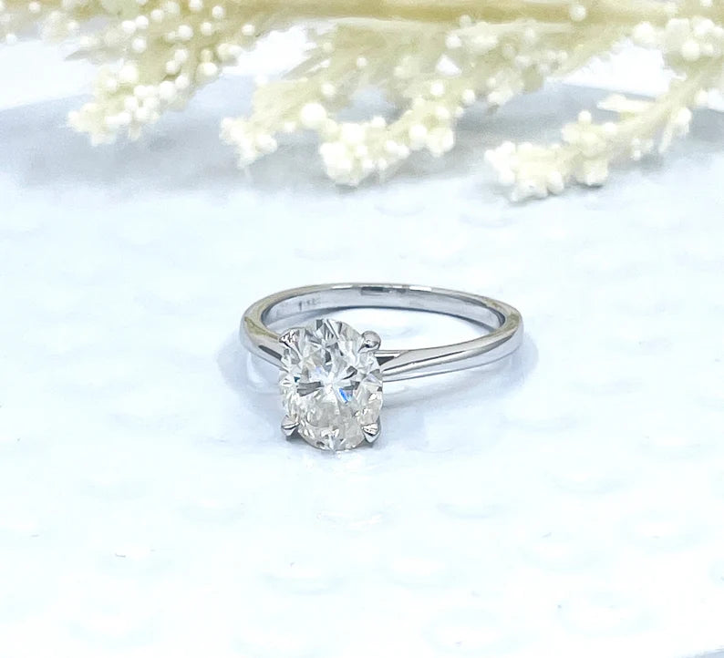 2.0 CT Forever One Oval Moissanite Engagement Ring, Oval Cut Engagement Ring, Thin Band Oval Ring