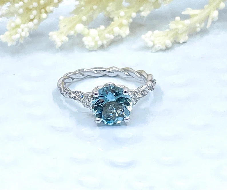 14k White Gold Diamond Ring Engagement Ring 8mm/1.85 Carats Round Cut Dark Blue Aquamarine Diamond Anniversary Ring