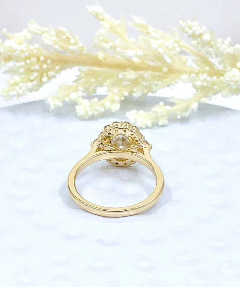 Engagement Ring 14k Gold Yellow, Diamond Halo Wedding Ring, 2 CT Forever One Oval Cut Moissanite Ring, Diamond Anniversary ring