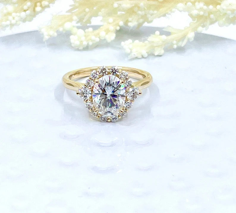 Engagement Ring 14k Gold Yellow, Diamond Halo Wedding Ring, 2 CT Forever One Oval Cut Moissanite Ring, Diamond Anniversary ring