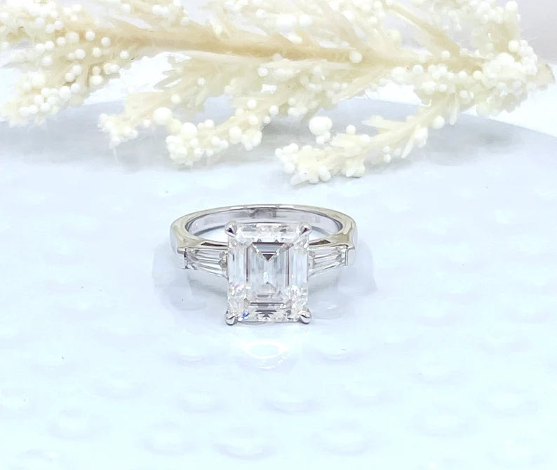 14k White Gold Engagement Ring, Emerald Cut Moissanite Engagement Ring, Forever One Emerald Moissanite Ring, Solitaire Engagement Ring