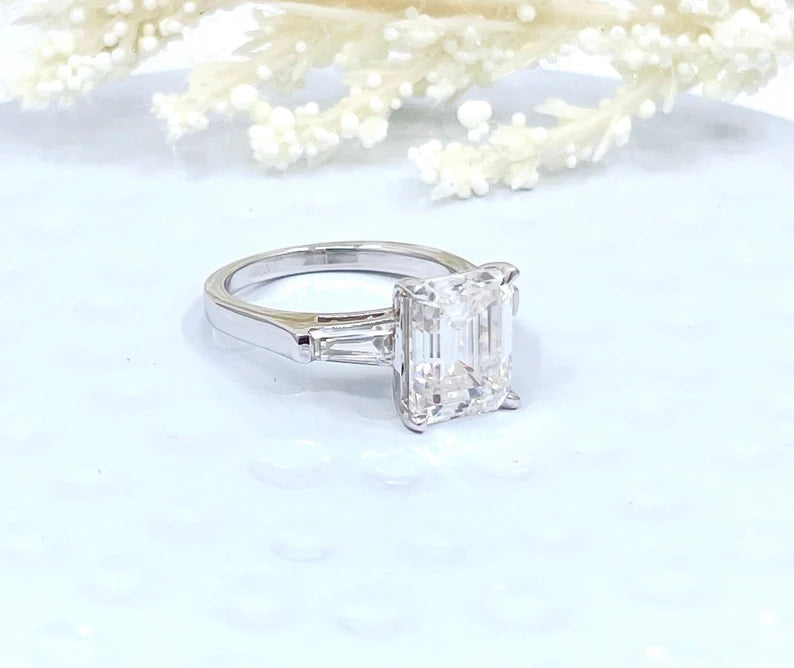 14k White Gold Engagement Ring, Emerald Cut Moissanite Engagement Ring, Forever One Emerald Moissanite Ring, Solitaire Engagement Ring