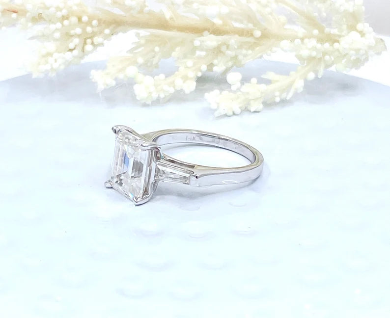 14k White Gold Engagement Ring, Emerald Cut Moissanite Engagement Ring, Forever One Emerald Moissanite Ring, Solitaire Engagement Ring