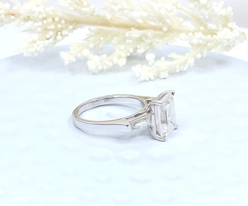 14k White Gold Engagement Ring, Emerald Cut Moissanite Engagement Ring, Forever One Emerald Moissanite Ring, Solitaire Engagement Ring