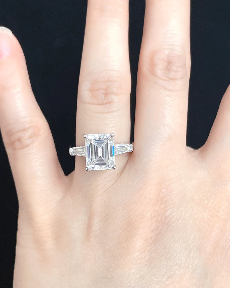 14k White Gold Engagement Ring, Emerald Cut Moissanite Engagement Ring, Forever One Emerald Moissanite Ring, Solitaire Engagement Ring