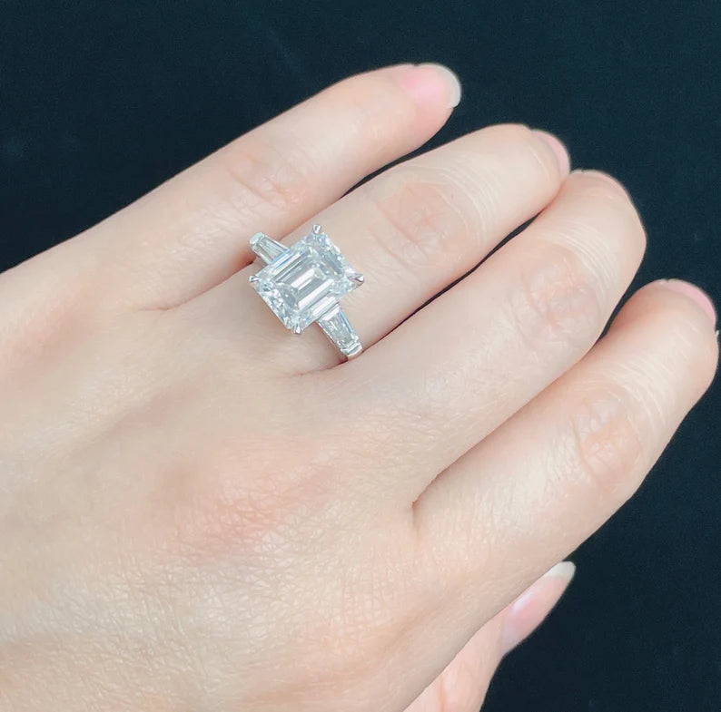 14k White Gold Engagement Ring, Emerald Cut Moissanite Engagement