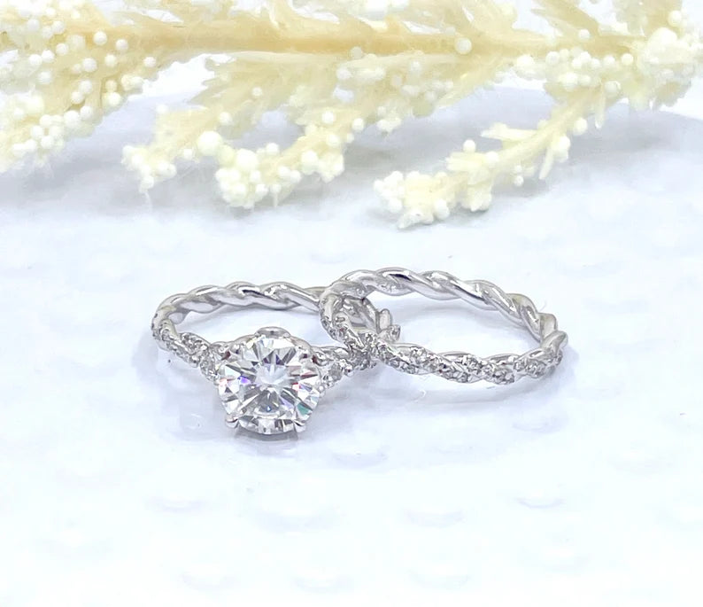 14k White Gold Bridal set, Forever One Round Cut Moissanite Engagement Ring, Diamond Eternity Wedding Band