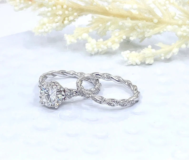 14k White Gold Bridal set, Forever One Round Cut Moissanite Engagement Ring, Diamond Eternity Wedding Band