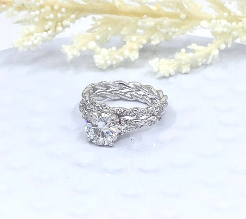 14k White Gold Bridal set, Forever One Round Cut Moissanite Engagement Ring, Diamond Eternity Wedding Band