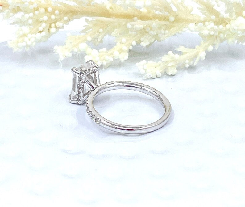 Emerald Engagement Ring 14k White Gold, Hidden Halo Diamond Solitaire Ring, Forever One Emerald Cut Engagement Ring, Anniversary Ring