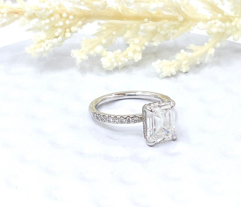 Emerald Engagement Ring 14k White Gold, Hidden Halo Diamond Solitaire Ring, Forever One Emerald Cut Engagement Ring, Anniversary Ring