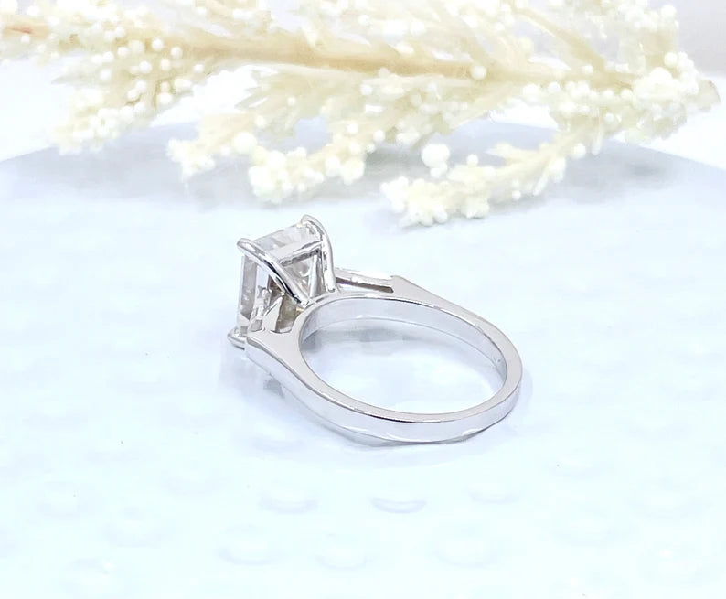 14k White Gold Engagement Ring, Emerald Cut Moissanite Engagement Ring, Forever One Emerald Moissanite Ring, Solitaire Engagement Ring