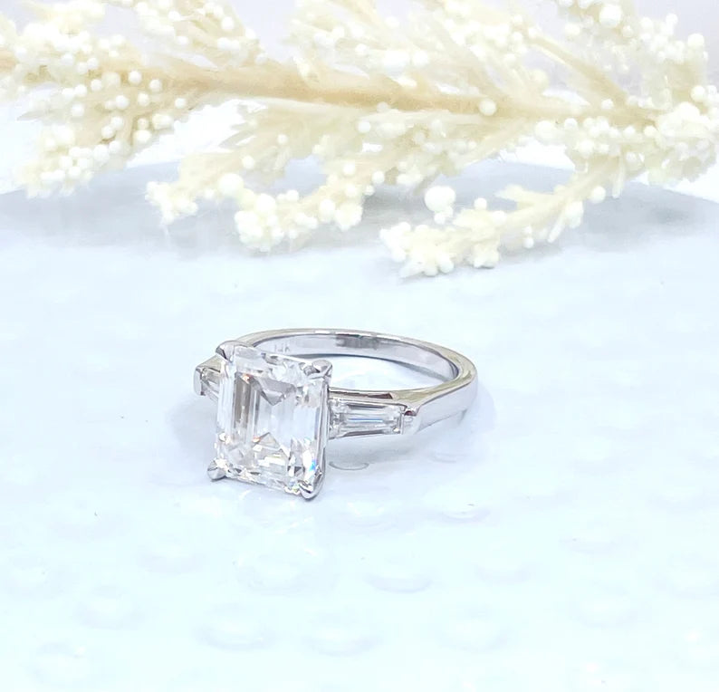 14k White Gold Engagement Ring, Emerald Cut Moissanite Engagement Ring, Forever One Emerald Moissanite Ring, Solitaire Engagement Ring