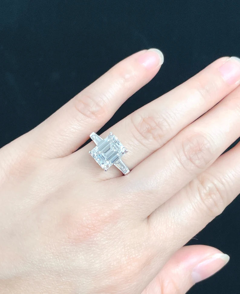 14k White Gold Engagement Ring, Emerald Cut Moissanite Engagement Ring, Forever One Emerald Moissanite Ring, Solitaire Engagement Ring