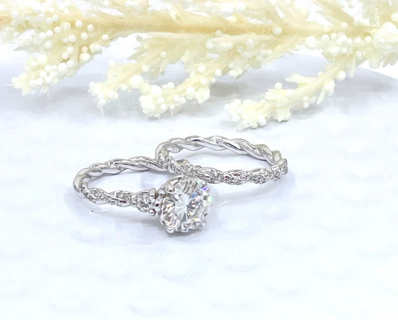 14k White Gold Bridal set, Forever One Round Cut Moissanite Engagement Ring, Diamond Eternity Wedding Band