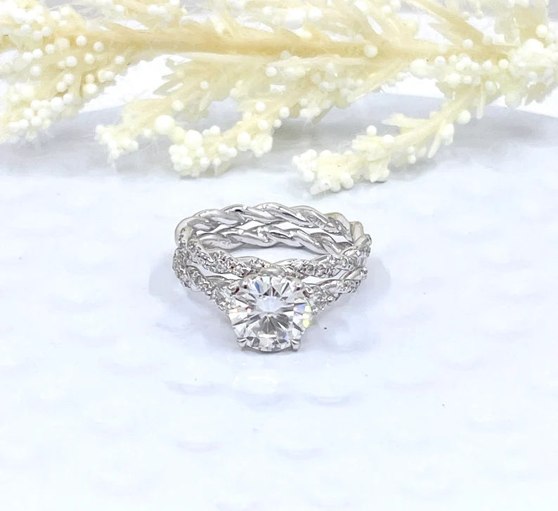 14k White Gold Bridal set, Forever One Round Cut Moissanite Engagement Ring, Diamond Eternity Wedding Band