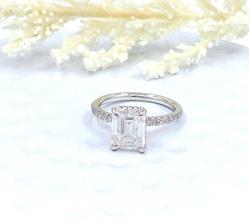 Emerald Engagement Ring 14k White Gold, Hidden Halo Diamond Solitaire Ring, Forever One Emerald Cut Engagement Ring, Anniversary Ring