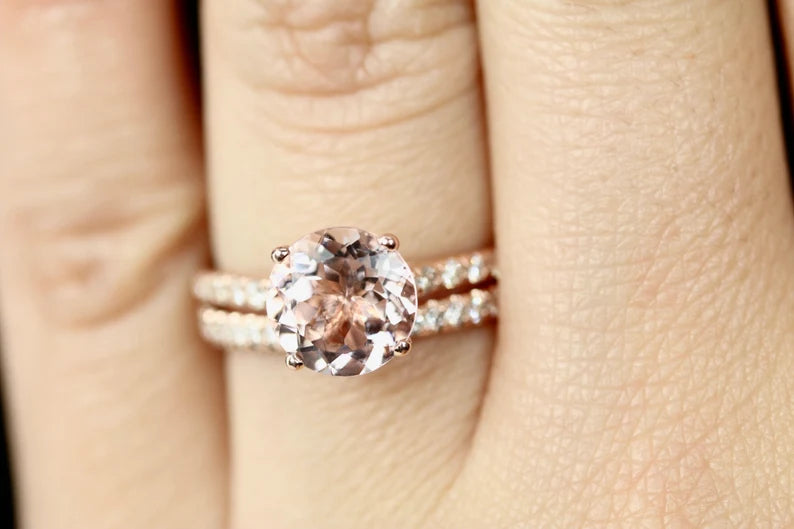 Morganite Engagement Ring Set In 14K Rose Gold, Morganite Round Engagement Ring, Rose Gold Morganite Bridal Set, Morganite Ring Diamond Set