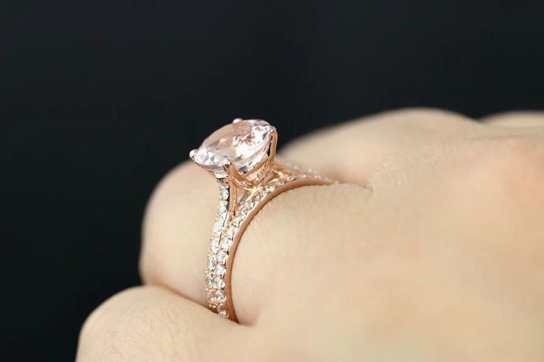 Morganite Engagement Ring Set In 14K Rose Gold, Morganite Round Engagement Ring, Rose Gold Morganite Bridal Set, Morganite Ring Diamond Set