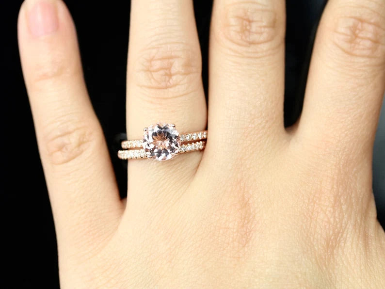 Morganite Engagement Ring Set In 14K Rose Gold, Morganite Round Engagement Ring, Rose Gold Morganite Bridal Set, Morganite Ring Diamond Set