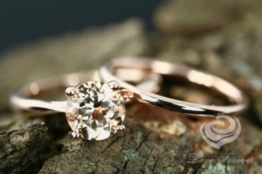 Round Morganite Bridal Set in 14k Rose Gold, Round Morganite Solitaire Ring, Rose Gold Wedding Set, Round Cut Morganite, Plain Wedding Band