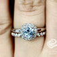 14k White Gold Bridal Set 6mm/0.83 Carats Round Cut Aquamarine Halo Diamond Engagement Ring Half Eternity Diamond Wedding Band