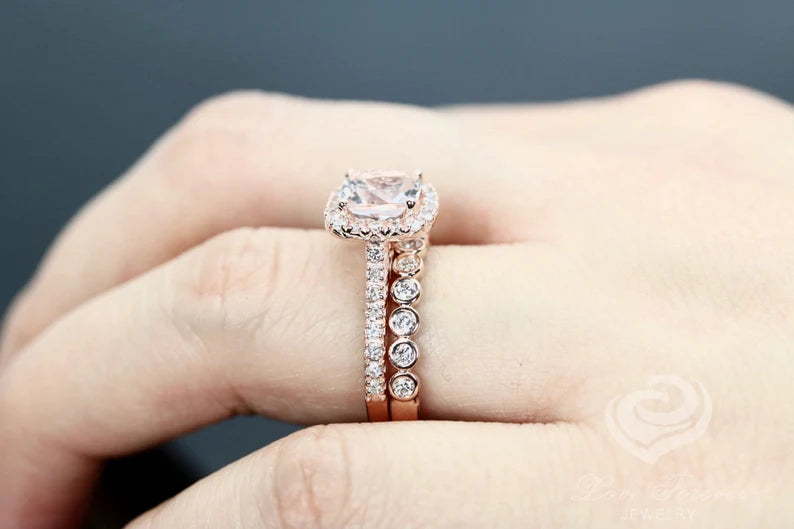 Morganite Bridal Set In 14K Rose Gold, Morganite Cushion Engagement Ring, Cushion Diamond Halo Ring