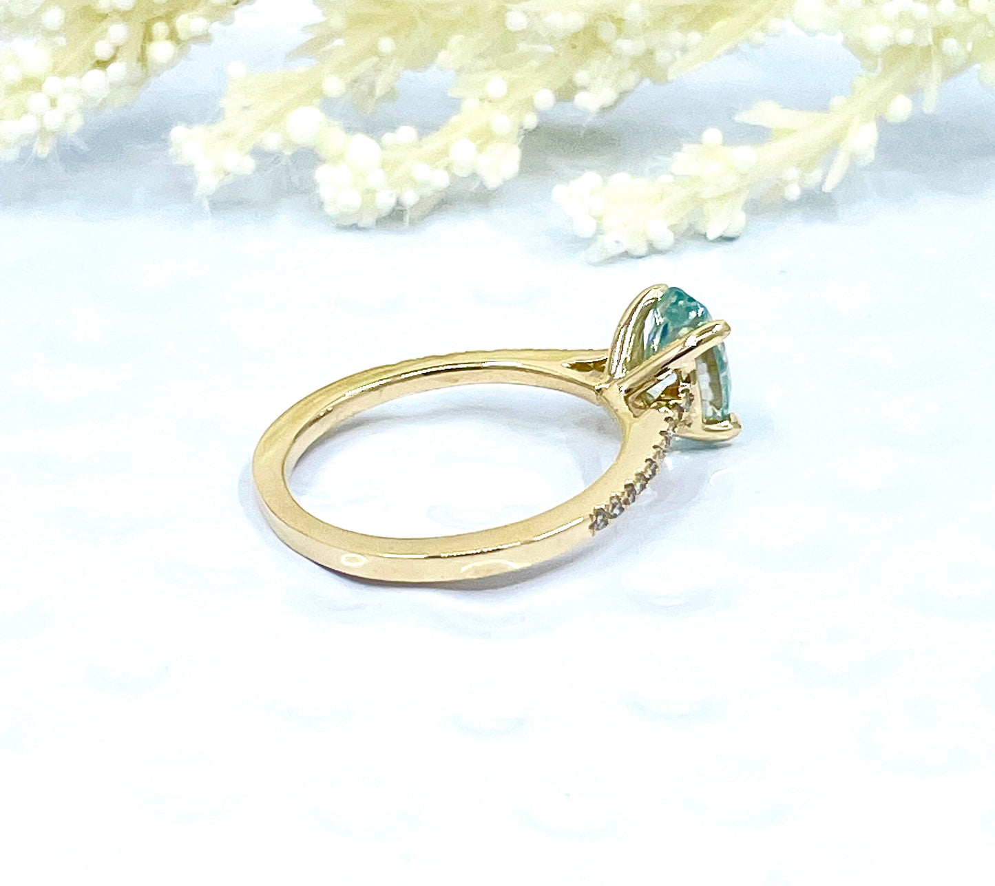 14k Yellow Gold Aqua Blue Moissanite Engagement Ring, Oval Cut Moissanite Ring, Diamond Wedding Band