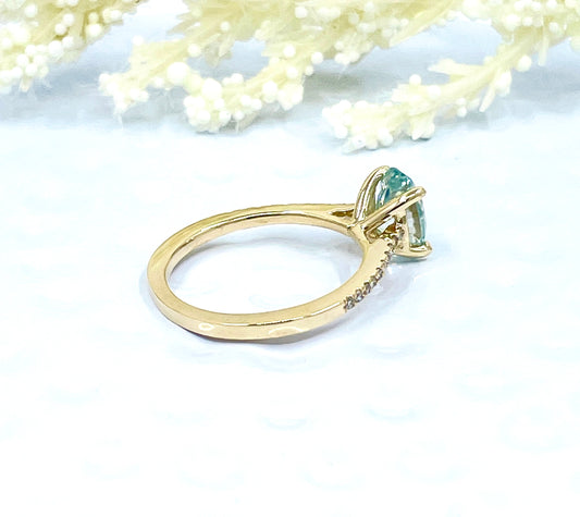 14k Yellow Gold Aqua Blue Moissanite Engagement Ring, Oval Cut Moissanite Ring, Diamond Wedding Band