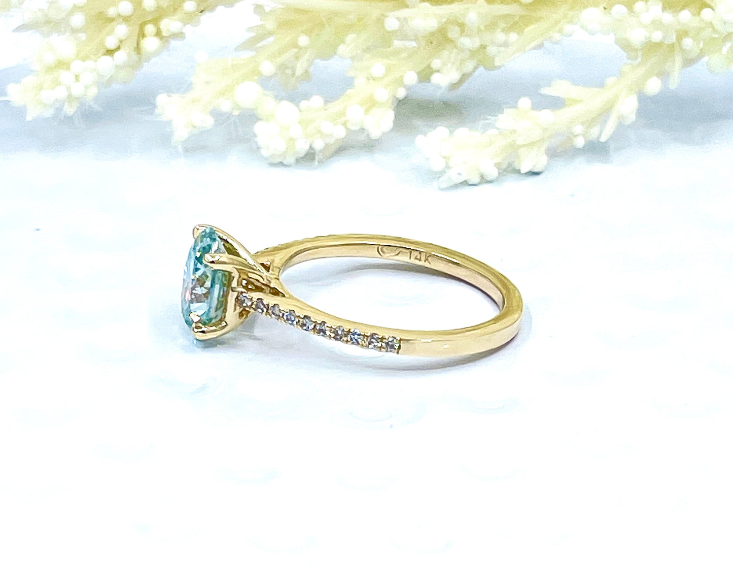 14k Yellow Gold Aqua Blue Moissanite Engagement Ring, Oval Cut Moissanite Ring, Diamond Wedding Band