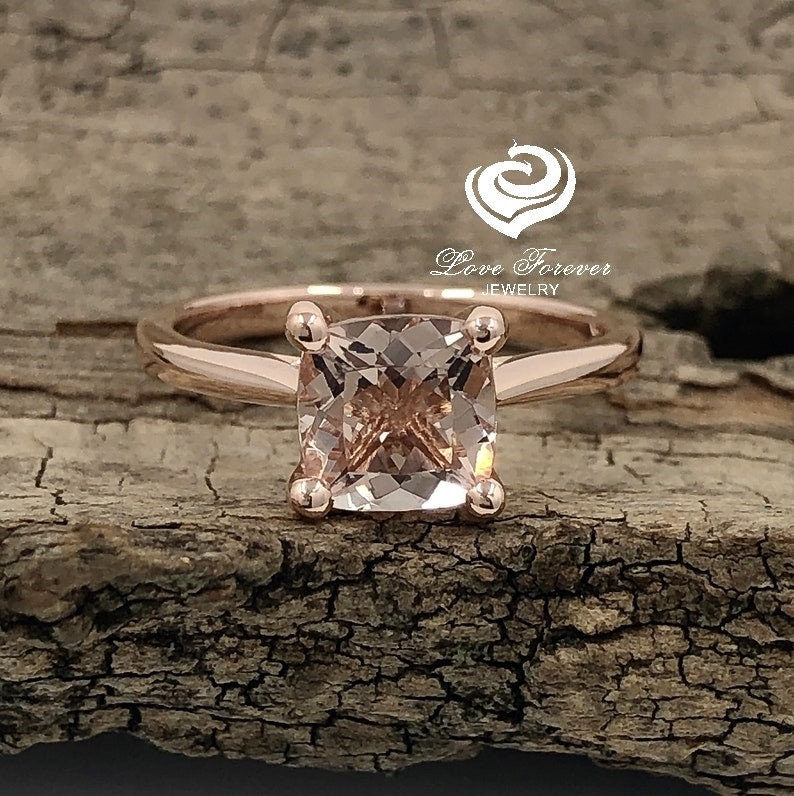 14k Rose Gold Engagement Ring Morganite Ring 7mm Cushion Cut Morganite Solitaire Ring Anniversary Ring