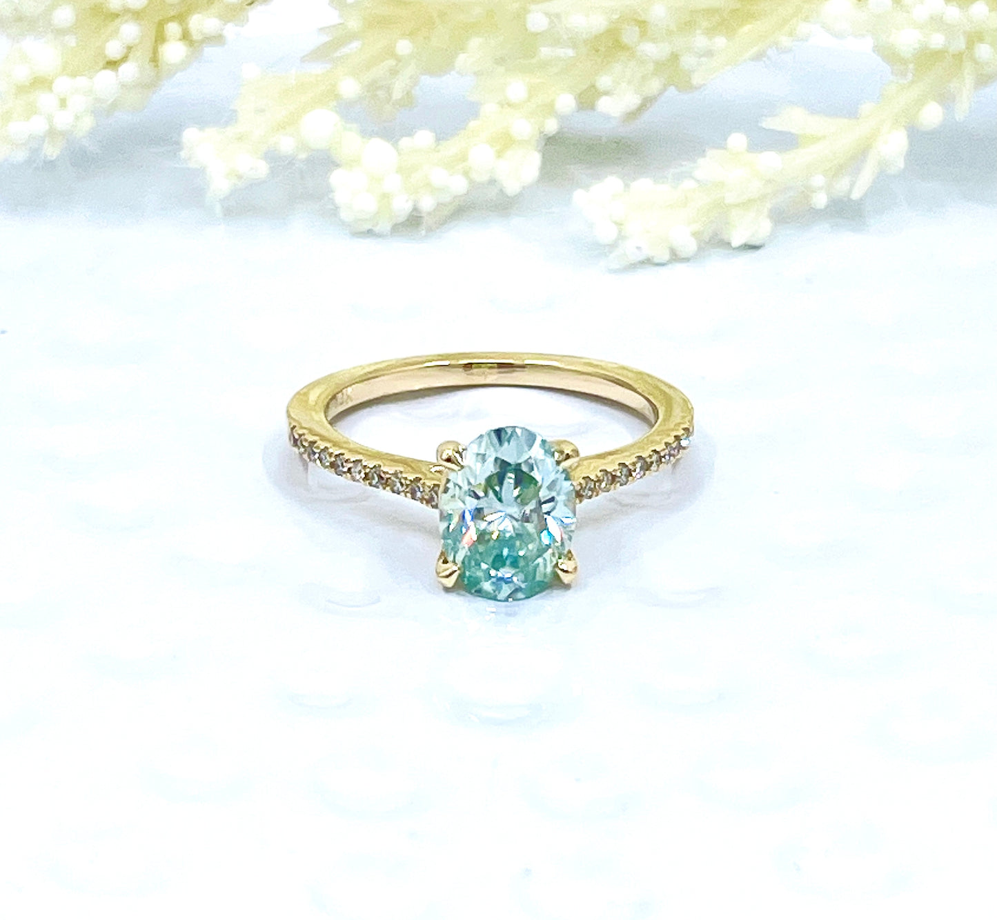 14k Yellow Gold Aqua Blue Moissanite Engagement Ring, Oval Cut Moissanite Ring, Diamond Wedding Band