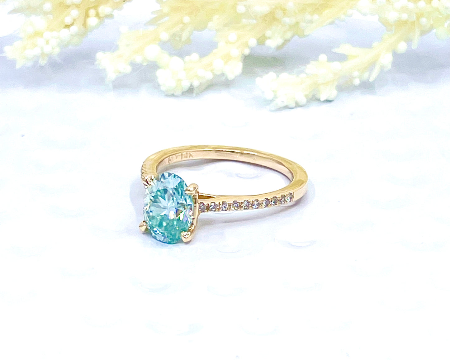 14k Yellow Gold Aqua Blue Moissanite Engagement Ring, Oval Cut Moissanite Ring, Diamond Wedding Band