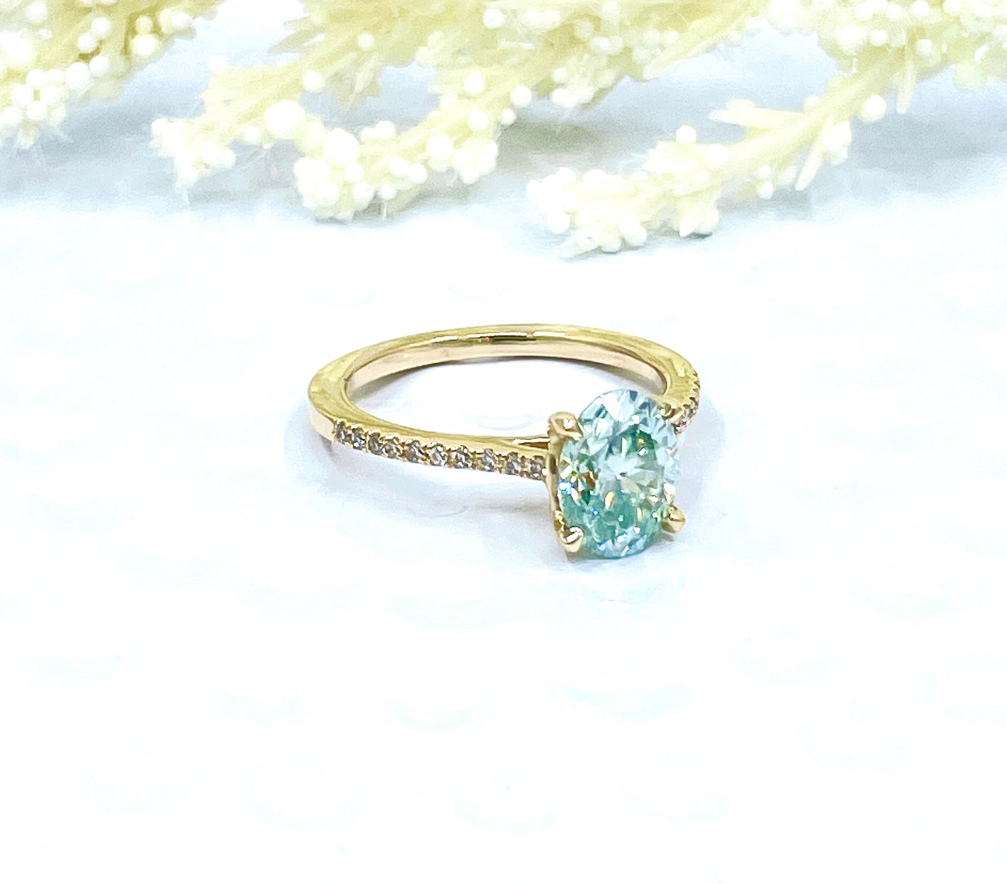 14k Yellow Gold Aqua Blue Moissanite Engagement Ring, Oval Cut Moissanite Ring, Diamond Wedding Band