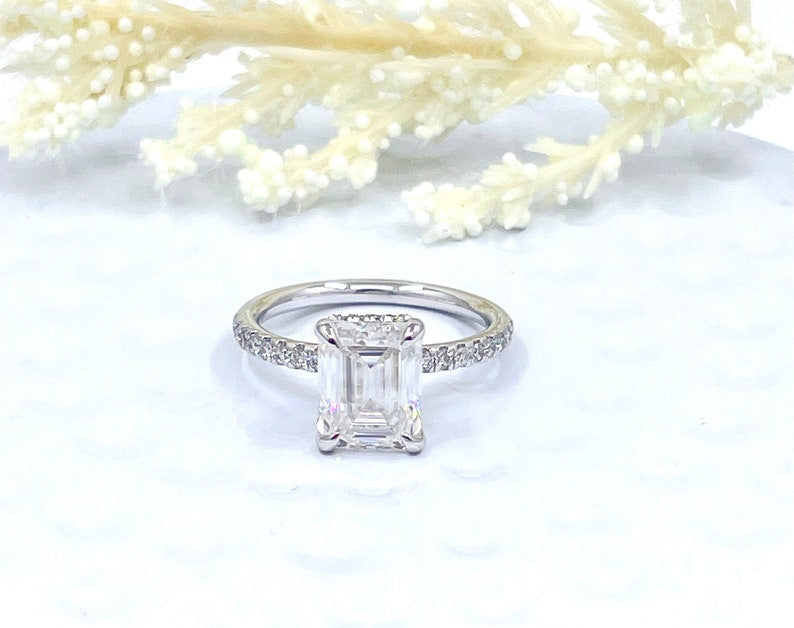 Emerald Engagement Ring 14k White Gold, Hidden Halo Diamond Solitaire Ring, Forever One Emerald Cut Engagement Ring, Anniversary Ring