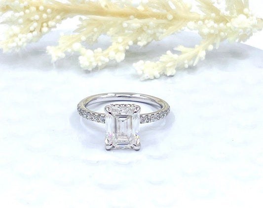 Emerald Engagement Ring 14k White Gold, Hidden Halo Diamond Solitaire Ring, Forever One Emerald Cut Engagement Ring, Anniversary Ring