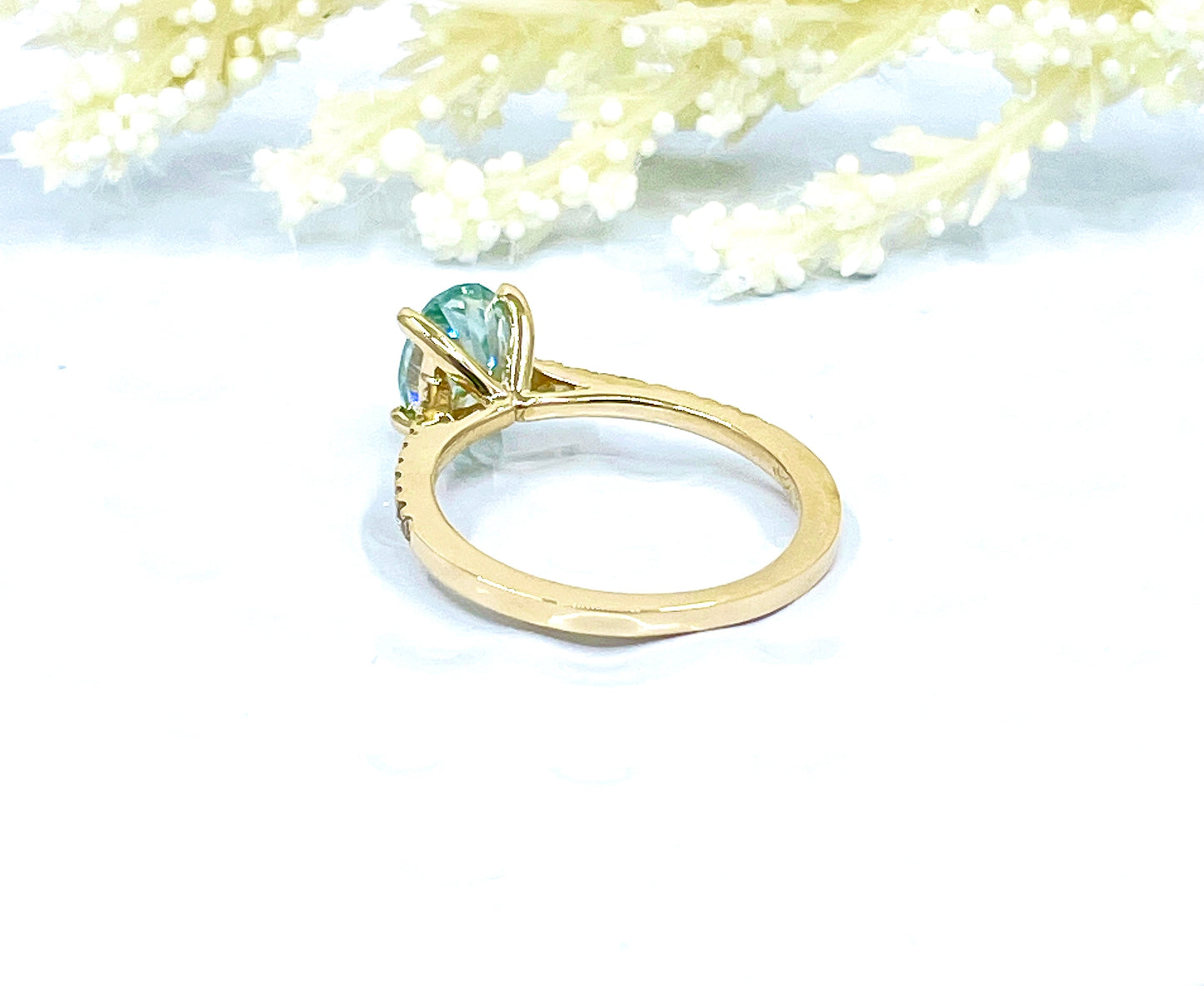 14k Yellow Gold Aqua Blue Moissanite Engagement Ring, Oval Cut Moissanite Ring, Diamond Wedding Band