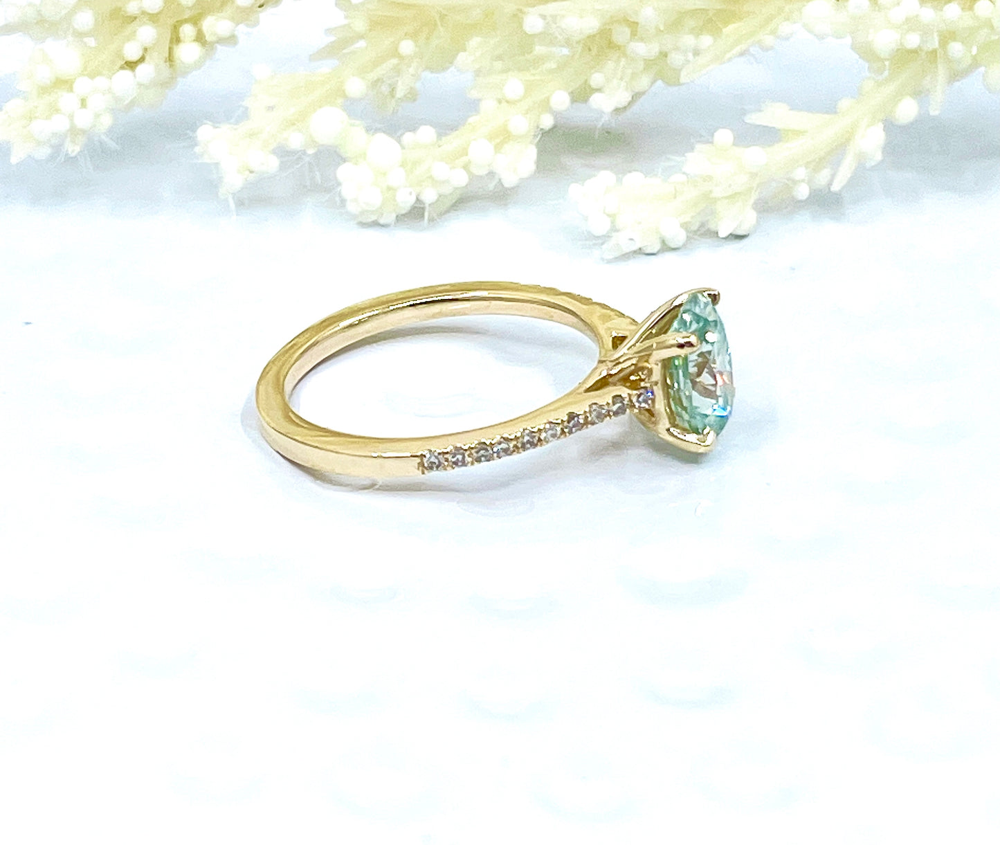 14k Yellow Gold Aqua Blue Moissanite Engagement Ring, Oval Cut Moissanite Ring, Diamond Wedding Band